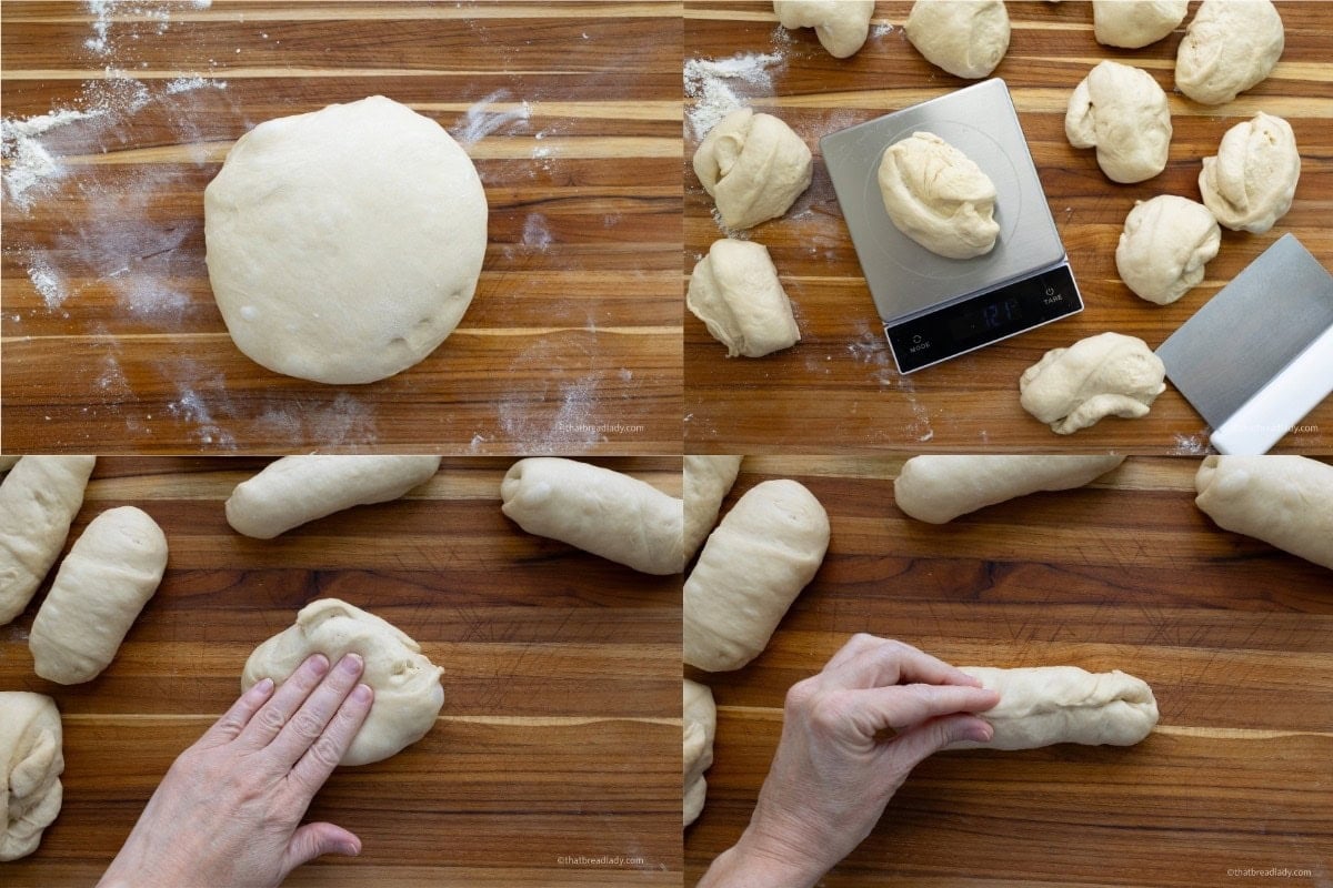 Four images of soft pretzel dough at different stages of dividing and pre-shaping.