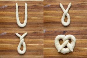 Four images showing how to shape a soft pretzel.