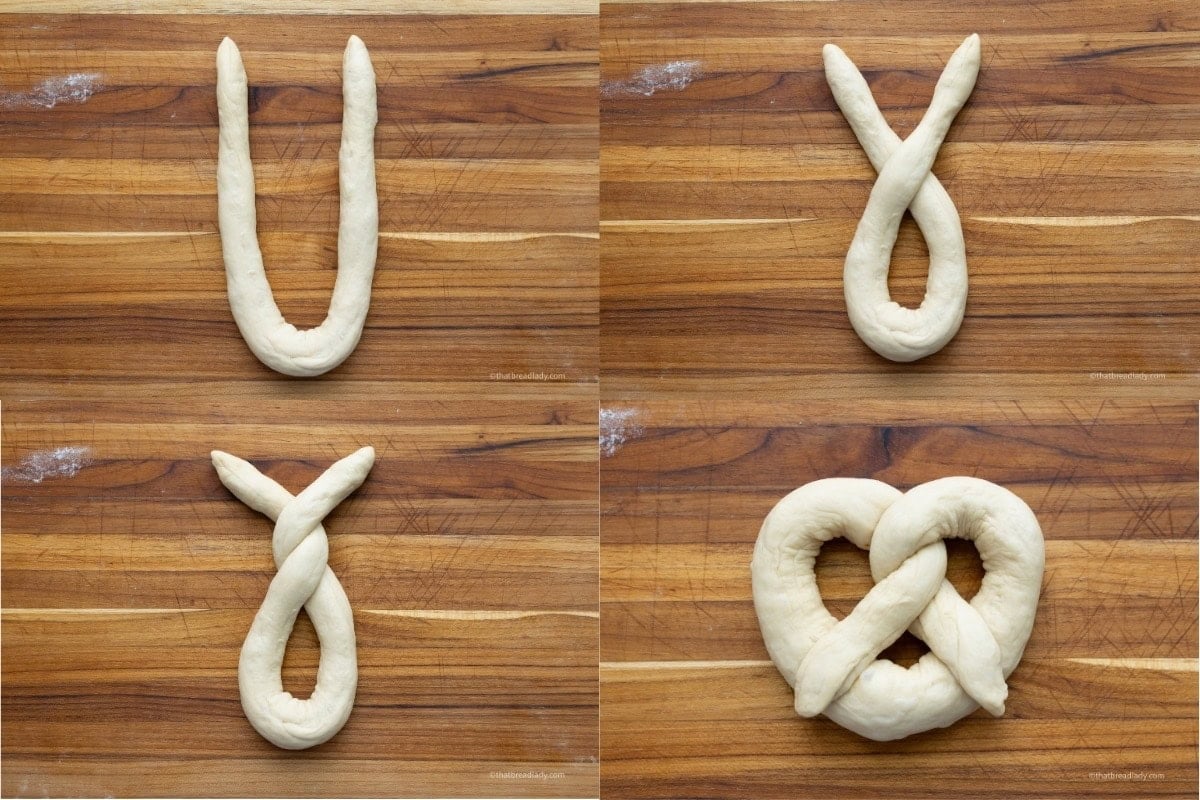 Four images showing how to shape a soft pretzel.