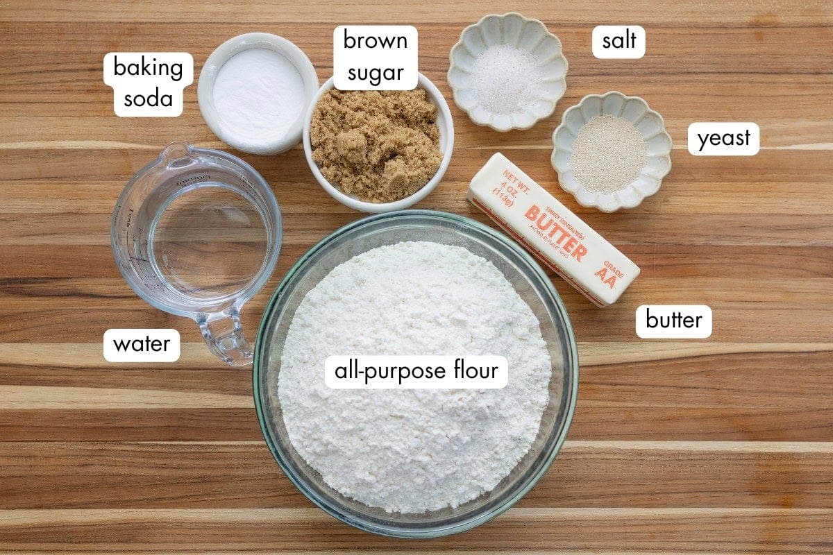 All the ingredients for homemade soft pretzels.