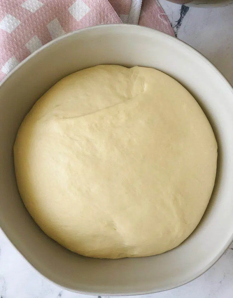 A bowl of risen bread dough.