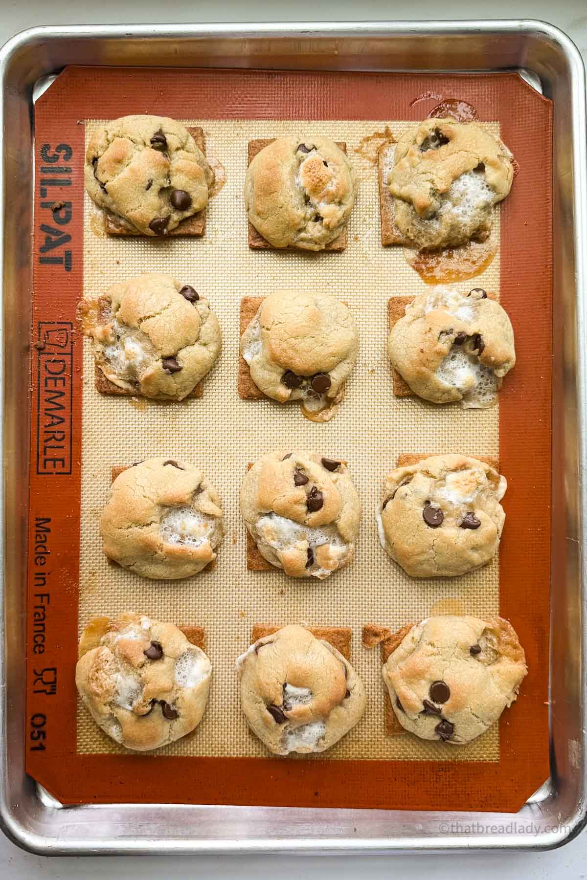 A baking sheet full of s'mores cookies.