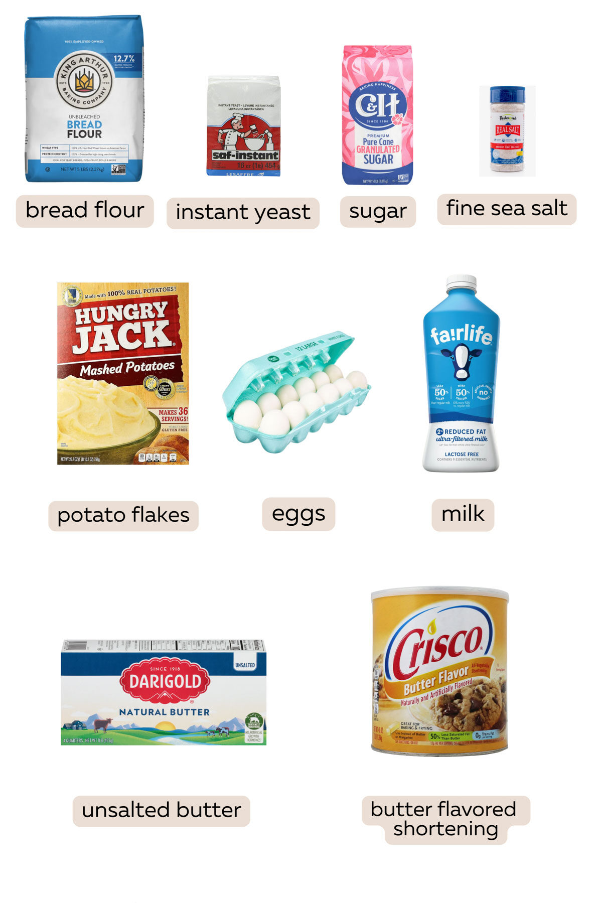 Images of all the ingredients for crescent rolls, including labels underneath each item.