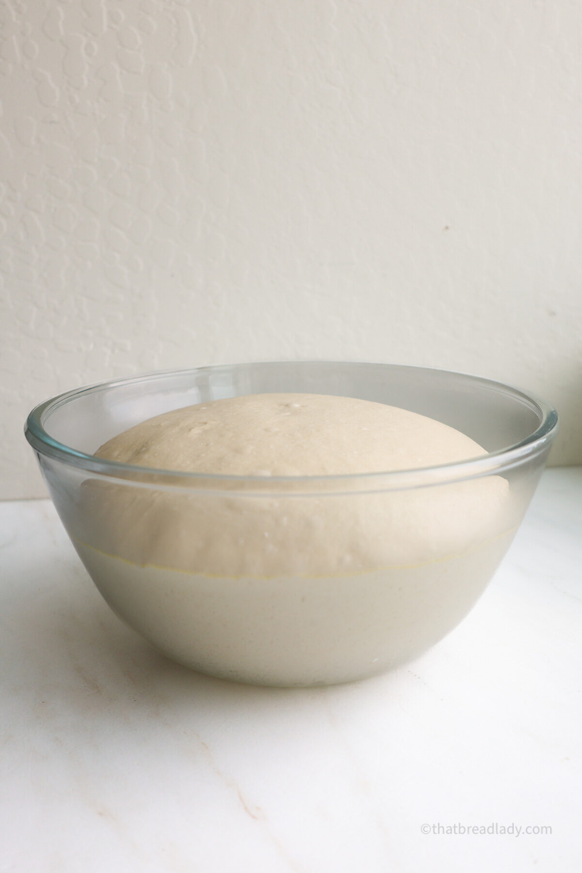 Risen dough in a glass bowl, resting on a countertop.