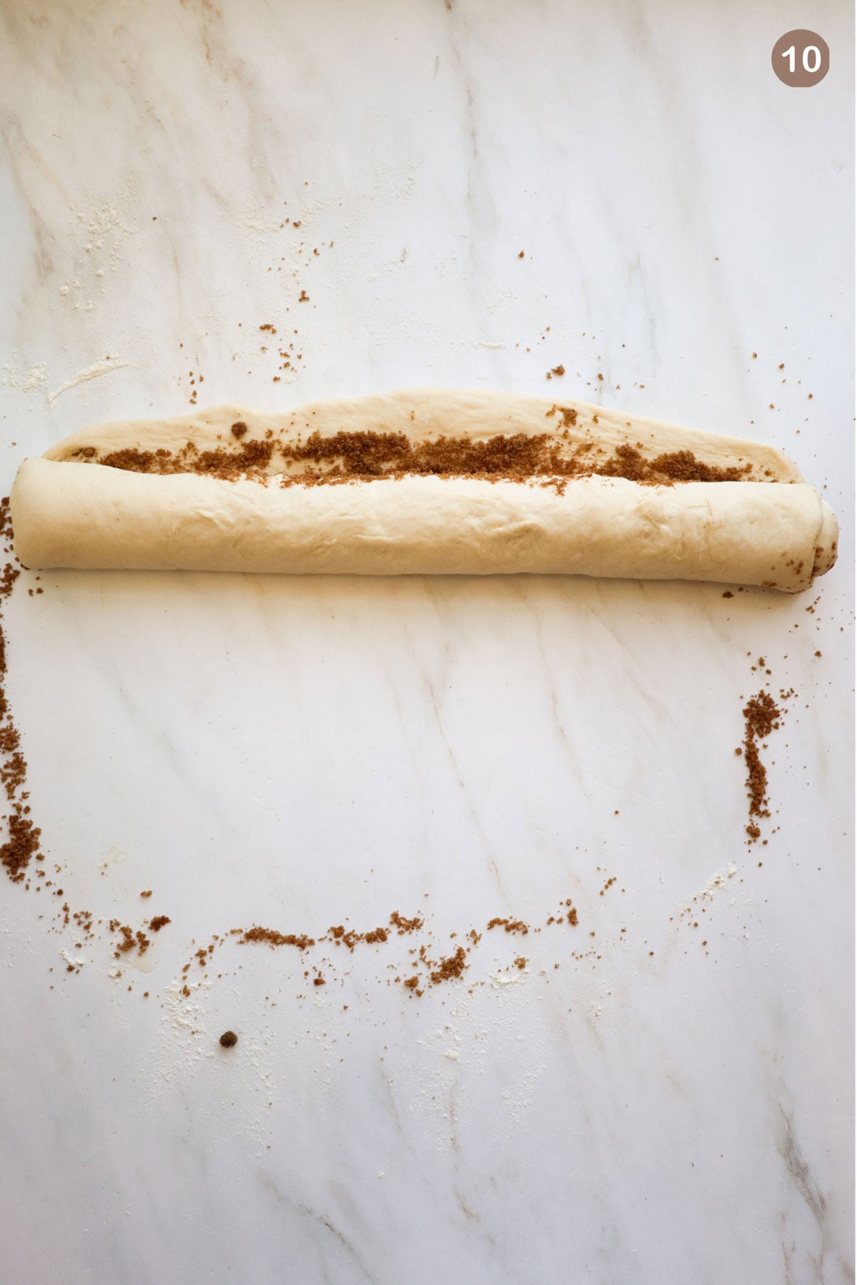 Cinnamon roll dough filled and rolled up into a log shape.
