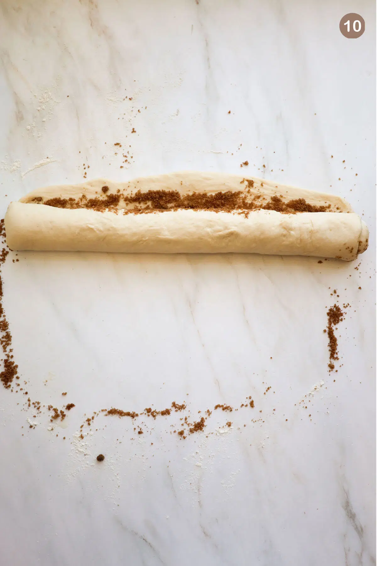 Cinnamon roll dough filled and rolled up into a log shape.