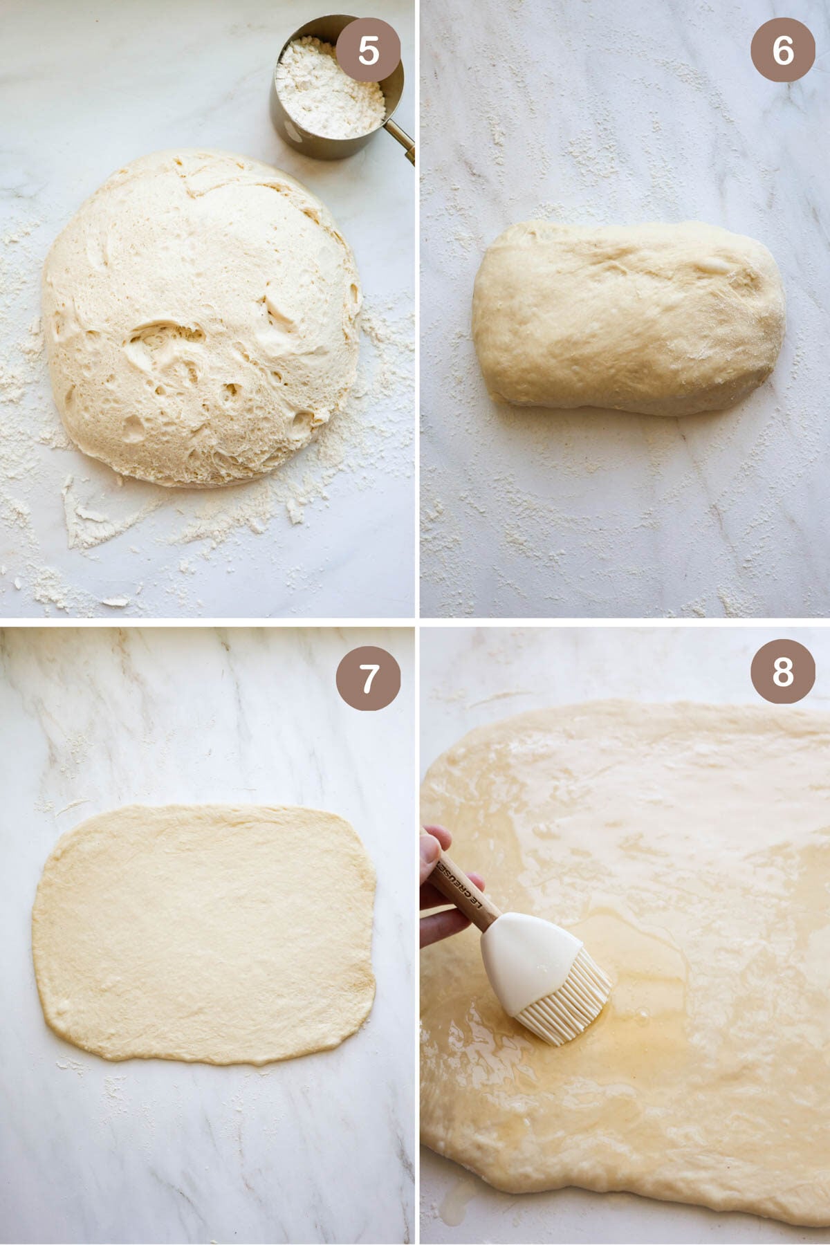 Four images showing cinnamon roll dough being preshaped, rolled into a rectangle, and then buttered with melted butter.
