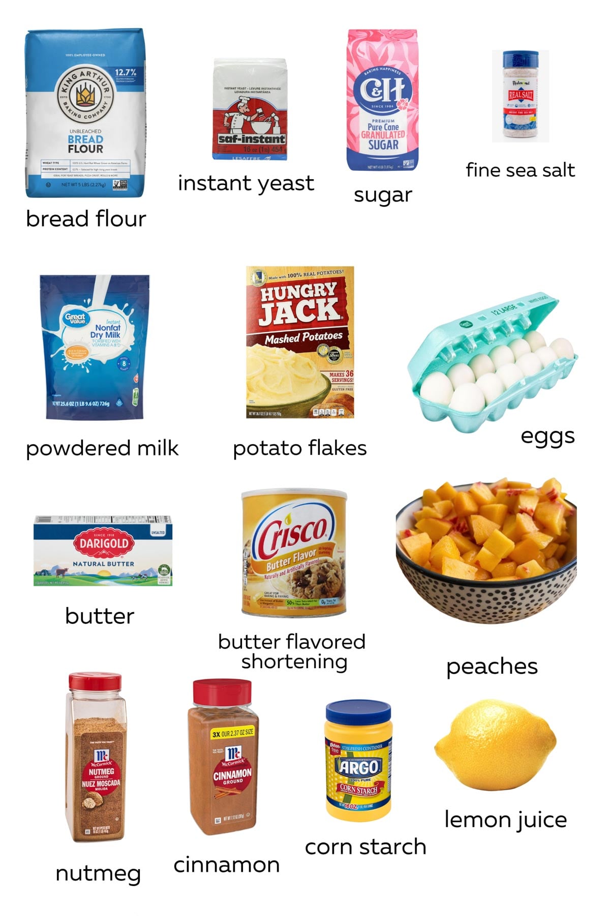 Images of all the ingredients for peach cinnamon rolls.