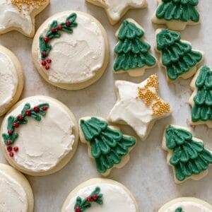 Christmas sugar cookies frosted and decorated.