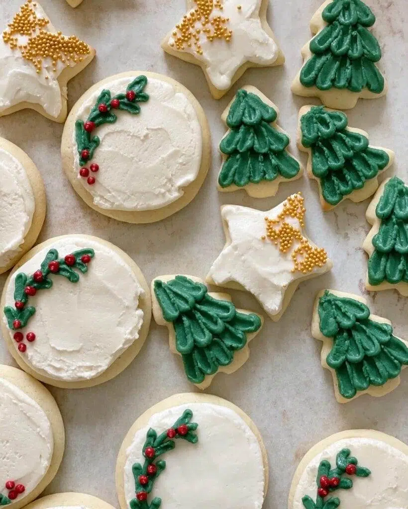 Christmas sugar cookies frosted and decorated.