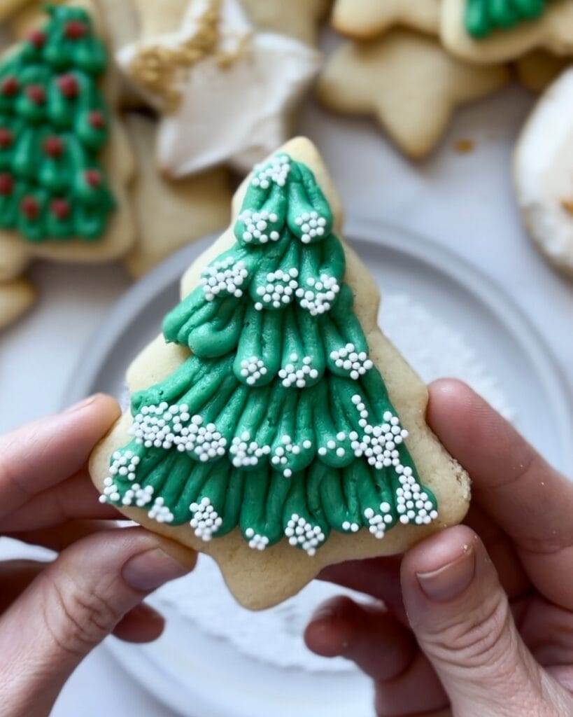 Christmas tree sugar cookie decorated with buttercream frosting and sprinkles