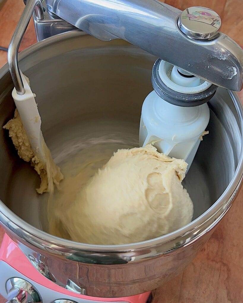 Bread dough in a mixer.