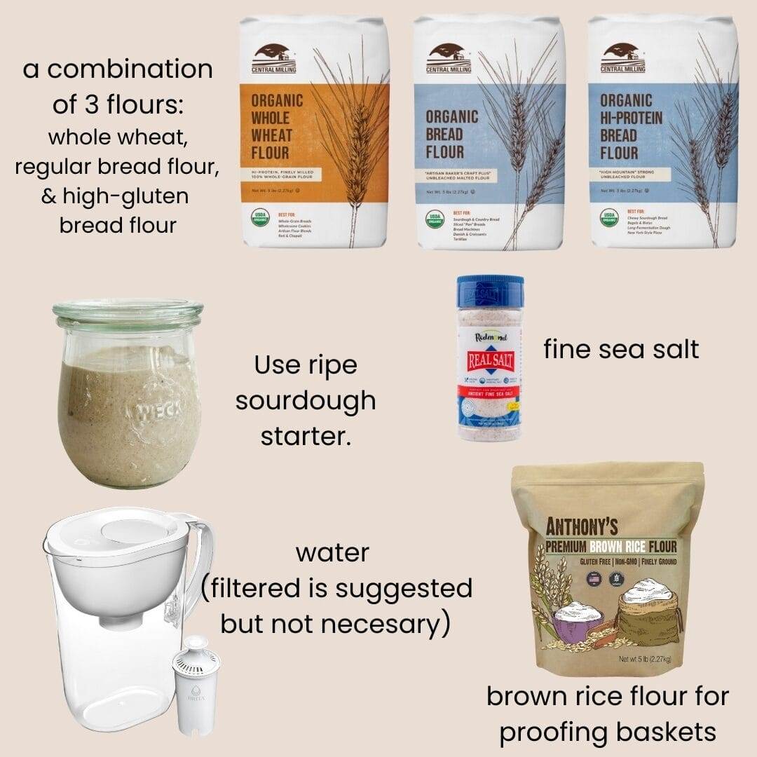 A bag of whole wheat flour, a bag of bread flour, a bag of high-gluten bread flour, a jar of sourdough starter, a bottle of fine sea salt, a water pitcher, a bag of brown rice flour.