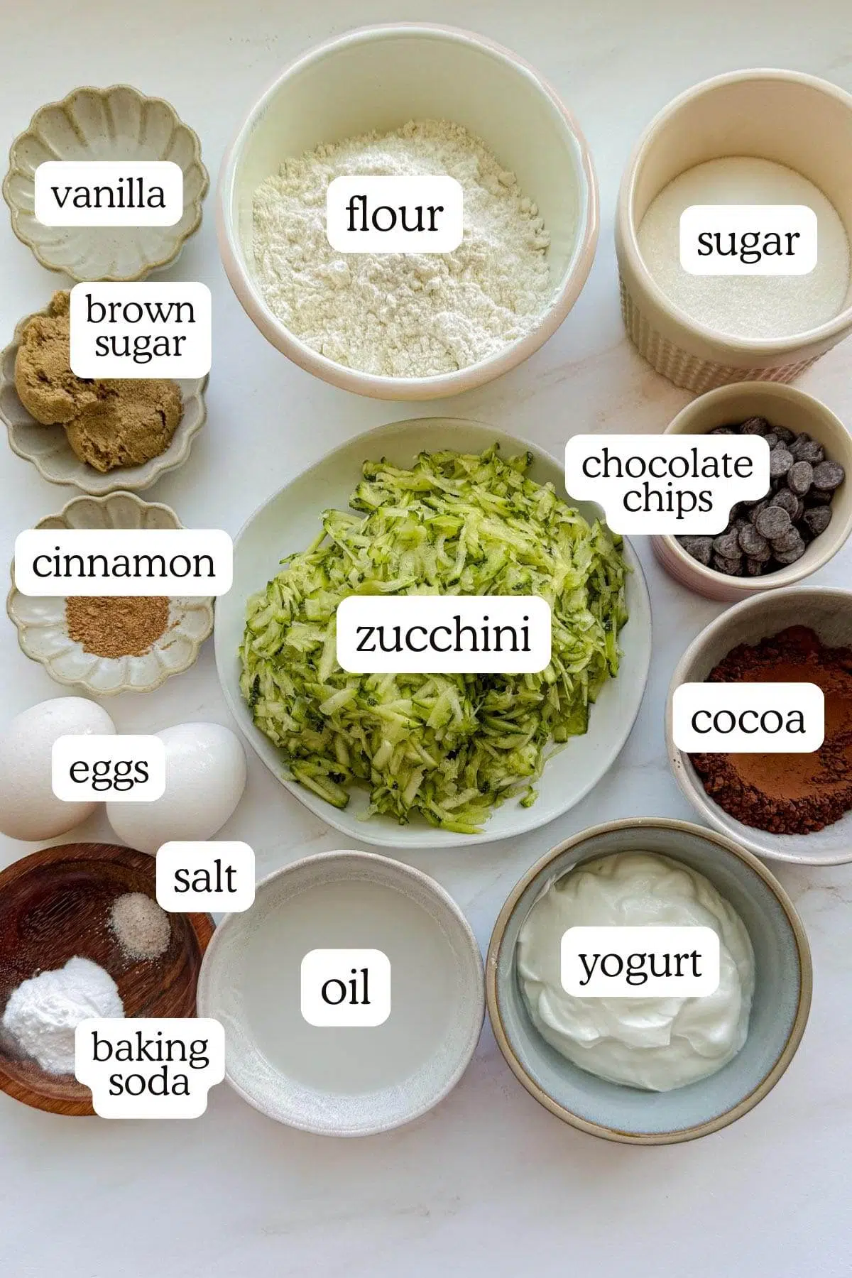 All of the ingredients for double chocolate zucchini bread, measured out and labeled.
