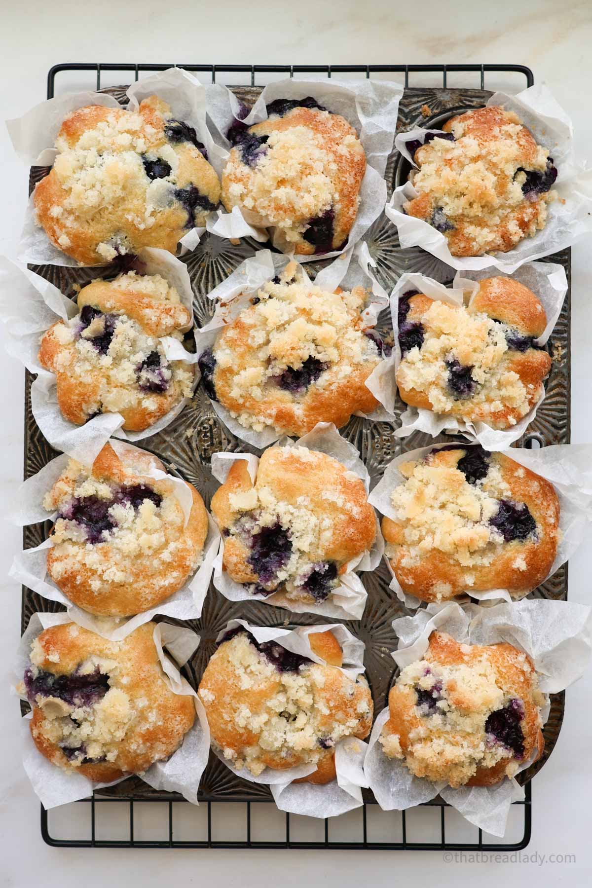 A muffin tin with sourdough discard blueberry muffins on a wire cooling rack.