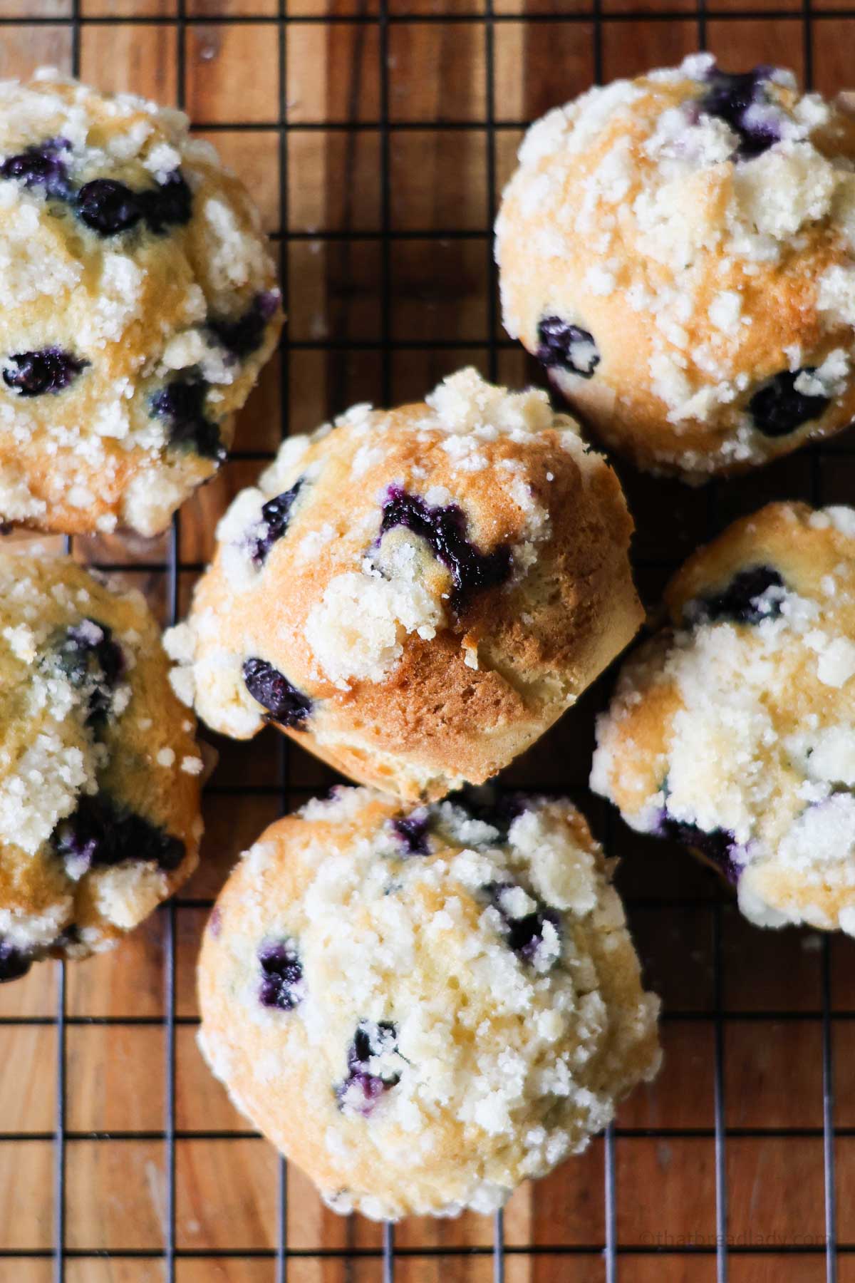 A bunch of sourdough discard blueberry muffins on a wire cooling rack.