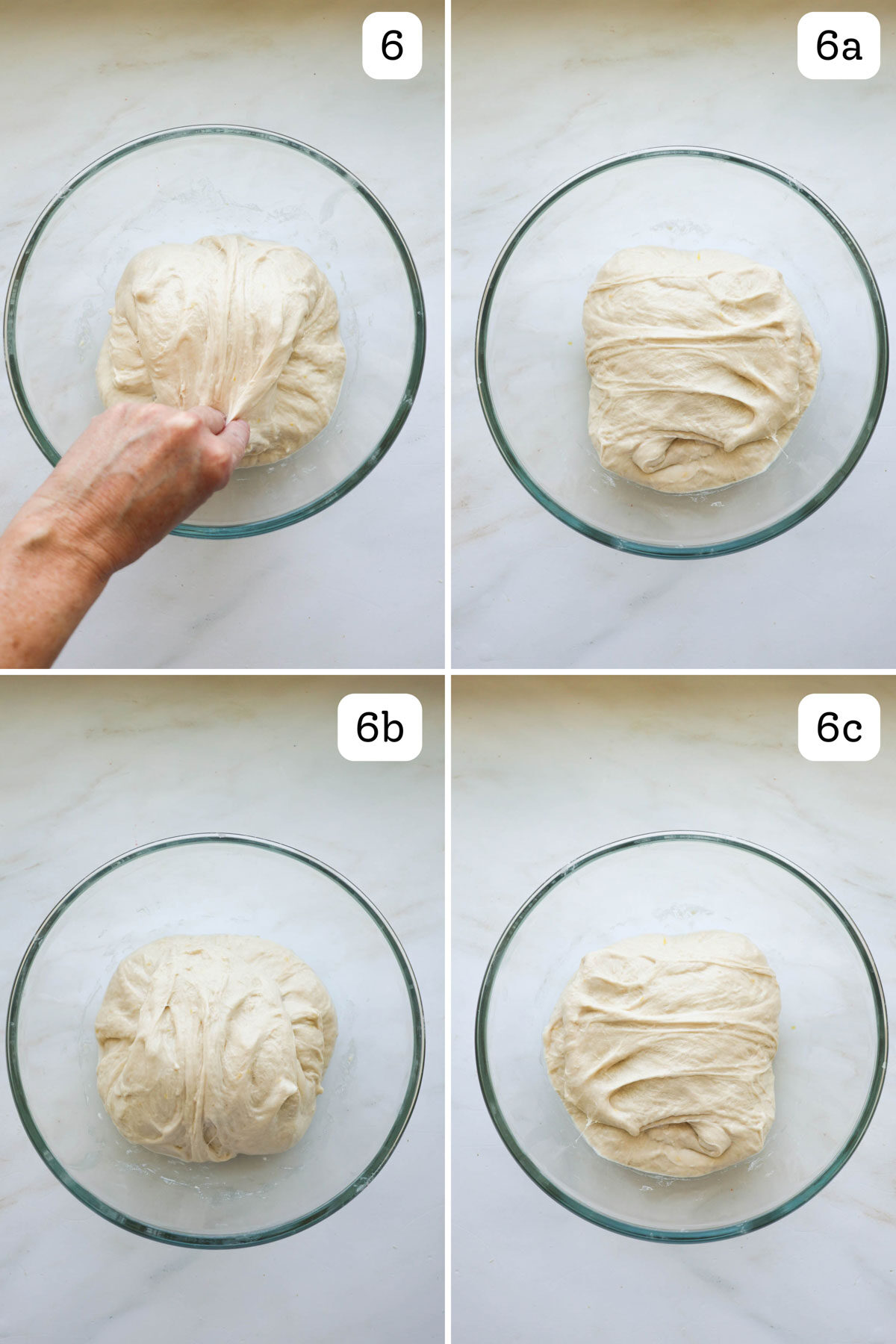 Four images labeled 6, 6a, 6b, 6c, and 6d, showing how to stretch and fold all four sides fo the bowl. 