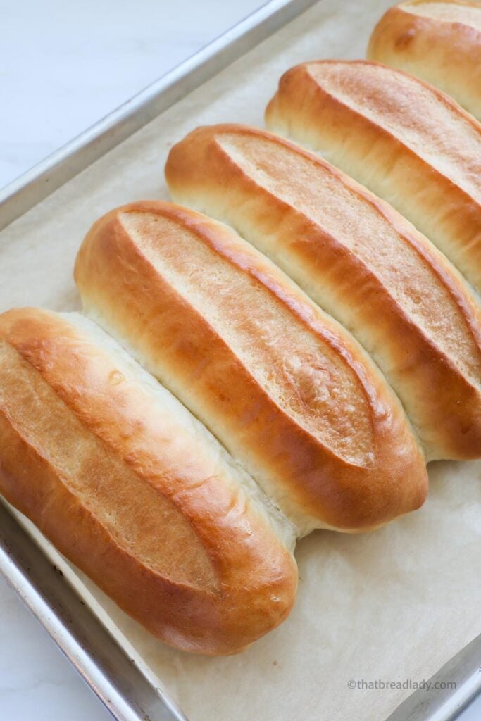 Baked hoagie rolls on a baking sheet lined with parchment paper.