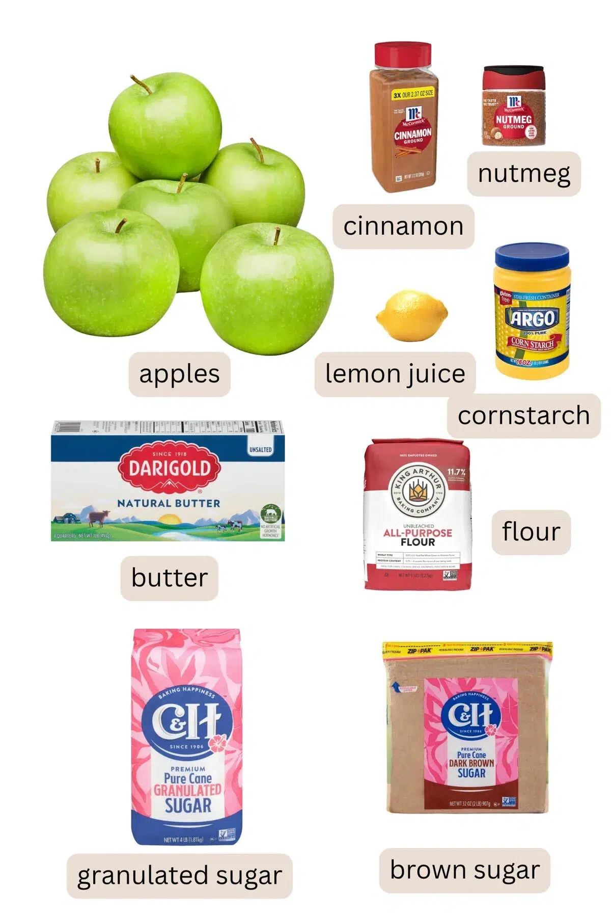 Ingredients for apple crumble pie including, granny smith apples, cinnamon, nutmeg, lemon, cornstarch, butter, flour, sugar, and brown sugar.