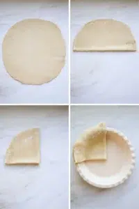 Four images showing how to take a round, rolled out pie crust, fold it into fourths and then place it into a pie dish.