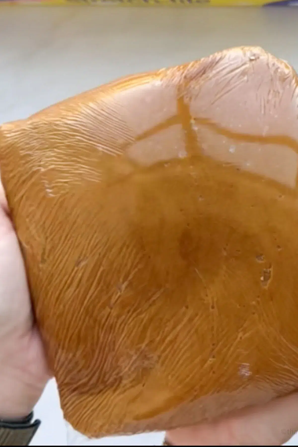 A flattened disc of gingerbread house dough, wrapped in plastic wrap.