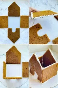 Four images showing how to assemble the gingerbread house cutouts.