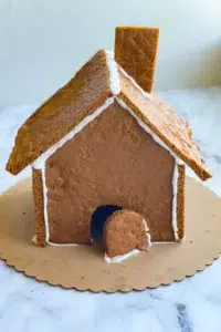 An assembled, undecorated, gingerbread house, resting on a cardboard cake round.
