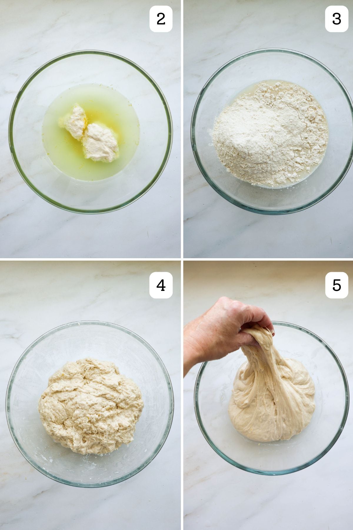 Four images showing the steps of mixing together sourdough ingredients in a glass bowl by hand.