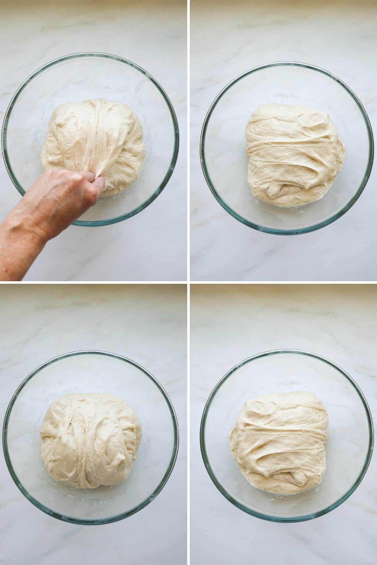 is-step-6 Four images showing a hand stretching and folding dough in a glass bowl,