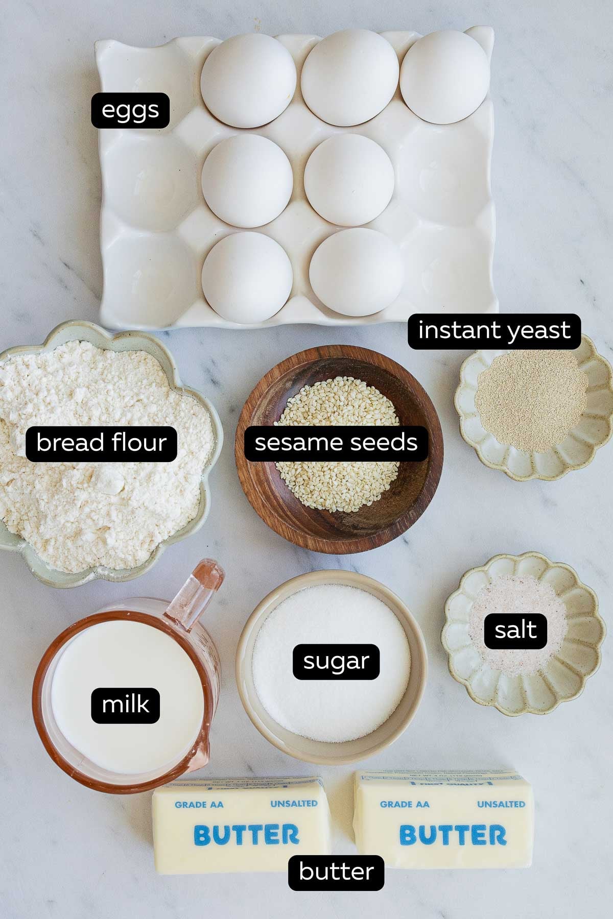 All the ingredients for brioche hamburger buns.