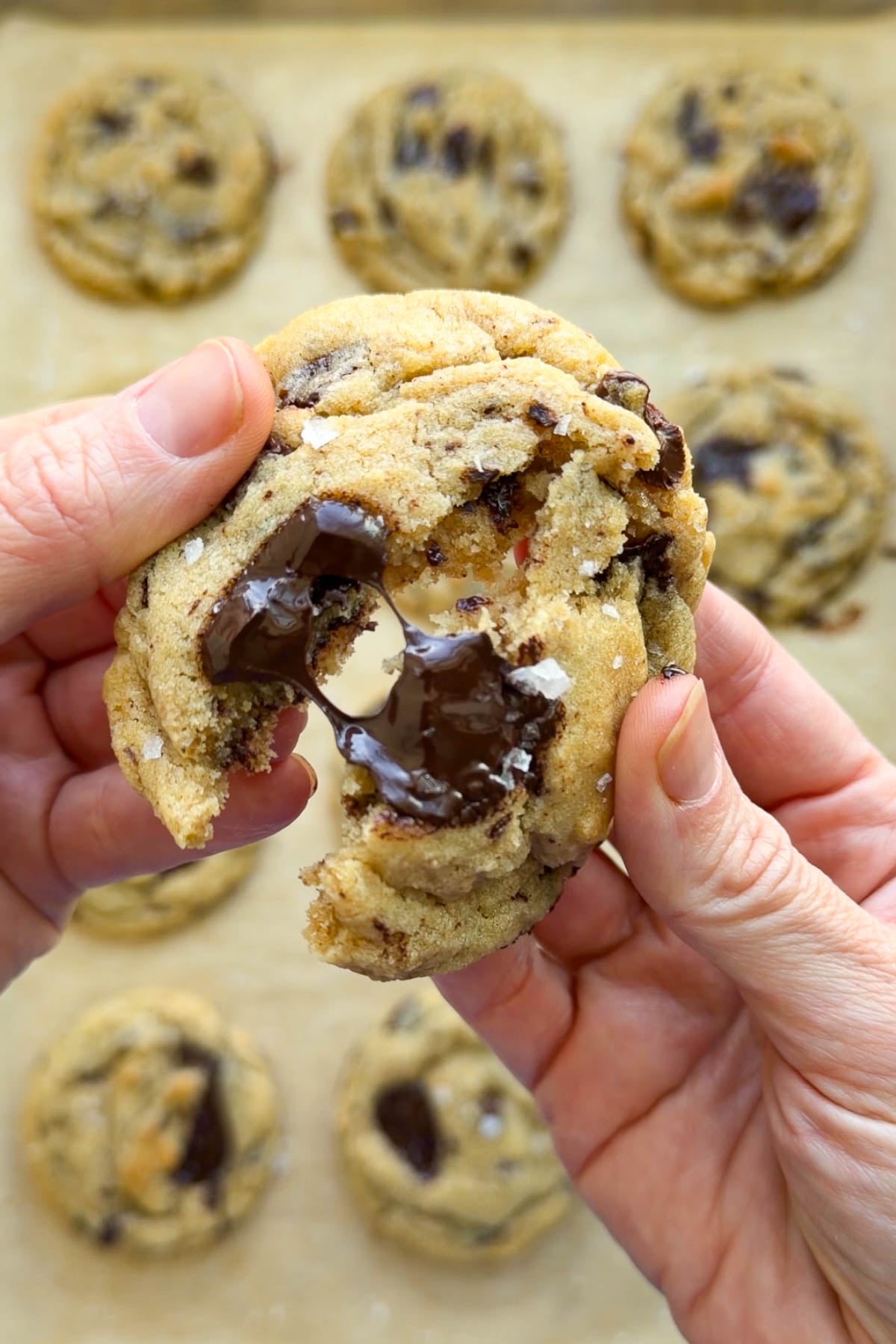 Two hands pulling apart a brown butter sourdough chocolate chip cookie.