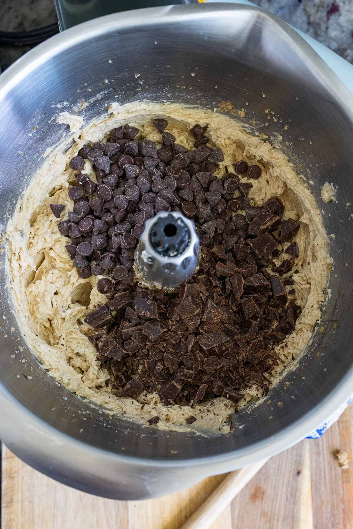 Chocolate chips and chunks added to the dough of the brown butter sourdough chocolate chip cookies.