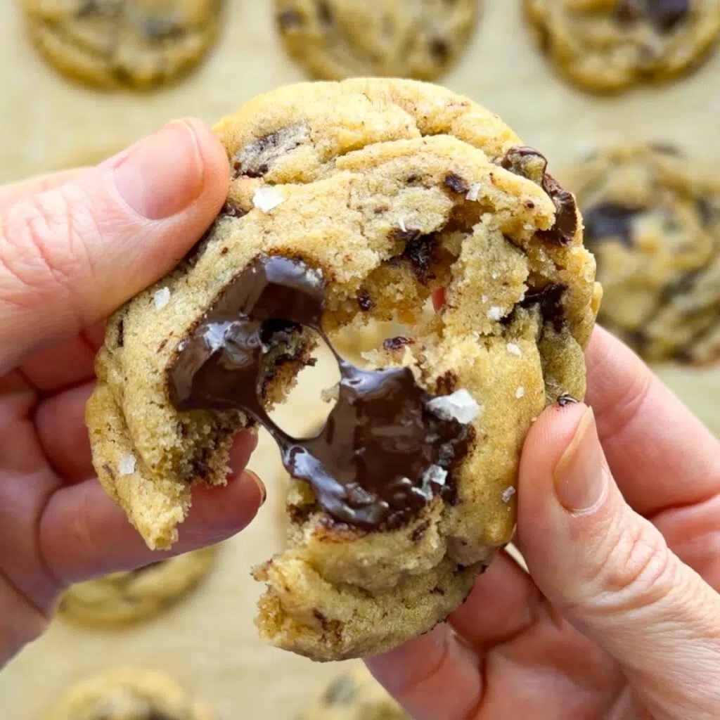 Two hands break apart a Brown Butter Sourdough Chocolate Chip Cookie.