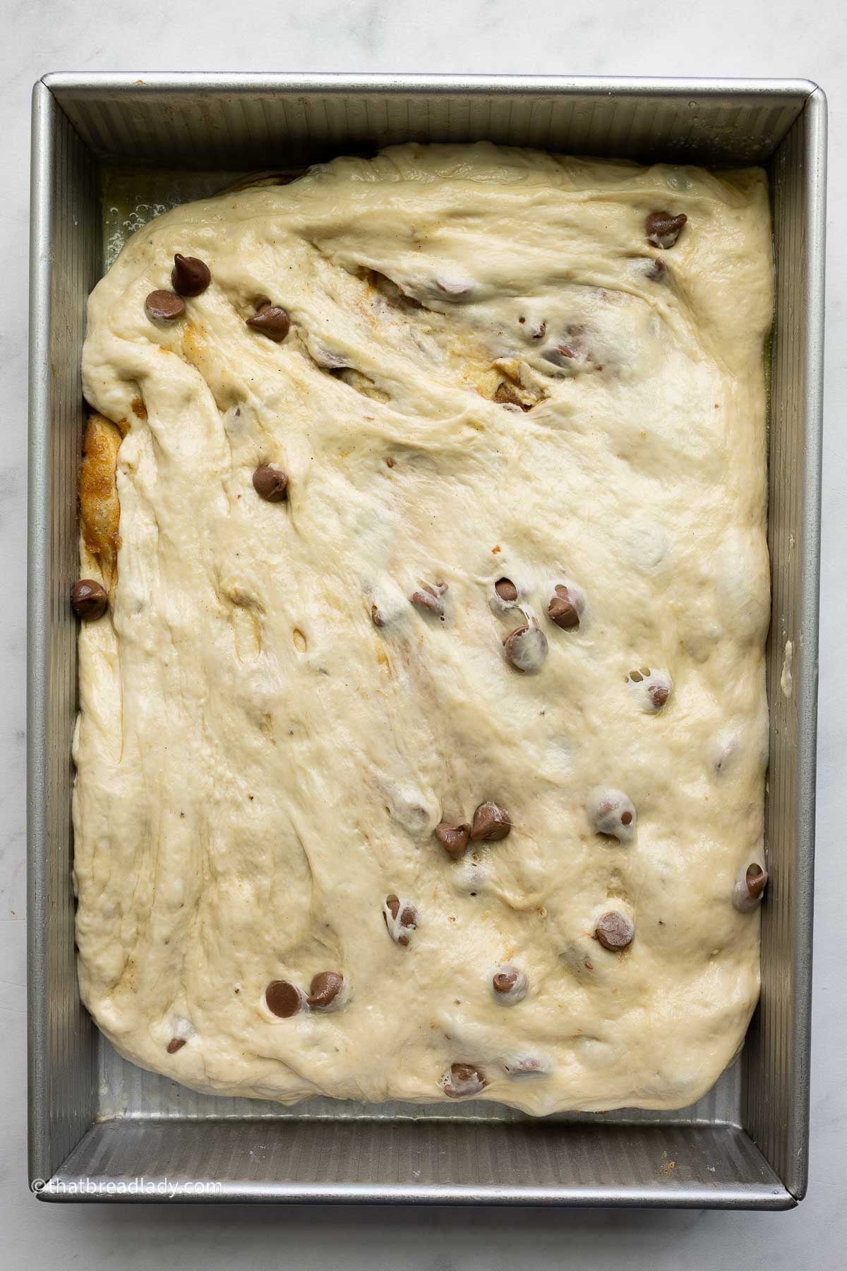 Chocolate chip banana bread focaccia dough in a 9x13-inch metal cake pan, with the dough folded in half, filling the pan.