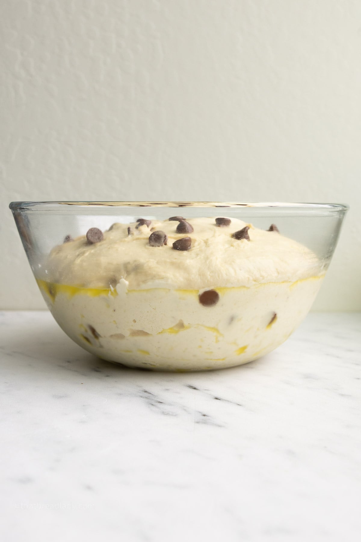 Chocolate chip banana bread focaccia dough in a glass bowl, coated with olive oil, risen to the top of the bowl.