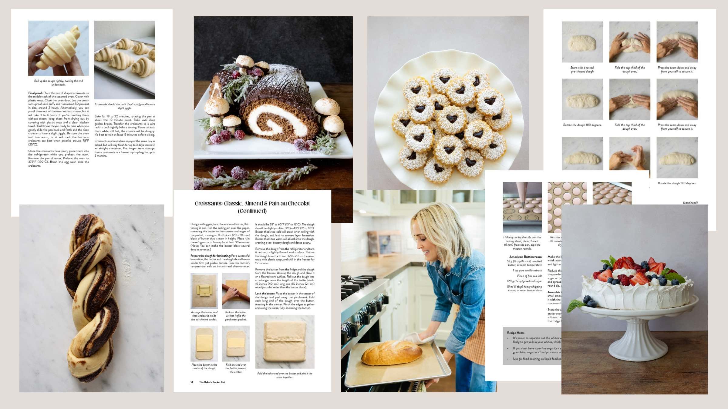Several images of The Baker's Bucket List cookbook, including images of chocolate babka dough swirled, a buche de noel, linzer cookies, a pavlova, hands shaping bread dough, and Heather Thomas, creator of That Bread Lady, taking a loaf of bread out fo the oven.