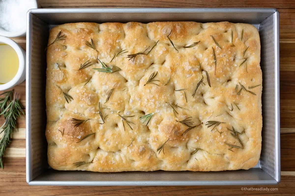 A pan of baked focaccia with rosemary leaves on top.