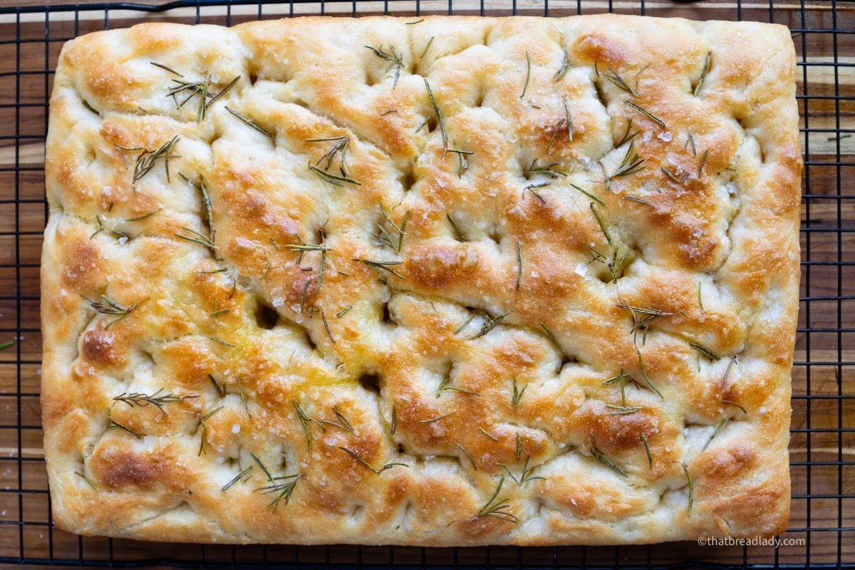 Baked focaccia with rosemary, on a wire cooling rack.
